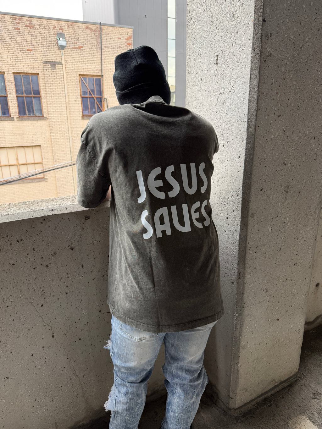 JESUS SAVES Acid Wash oversized Tee