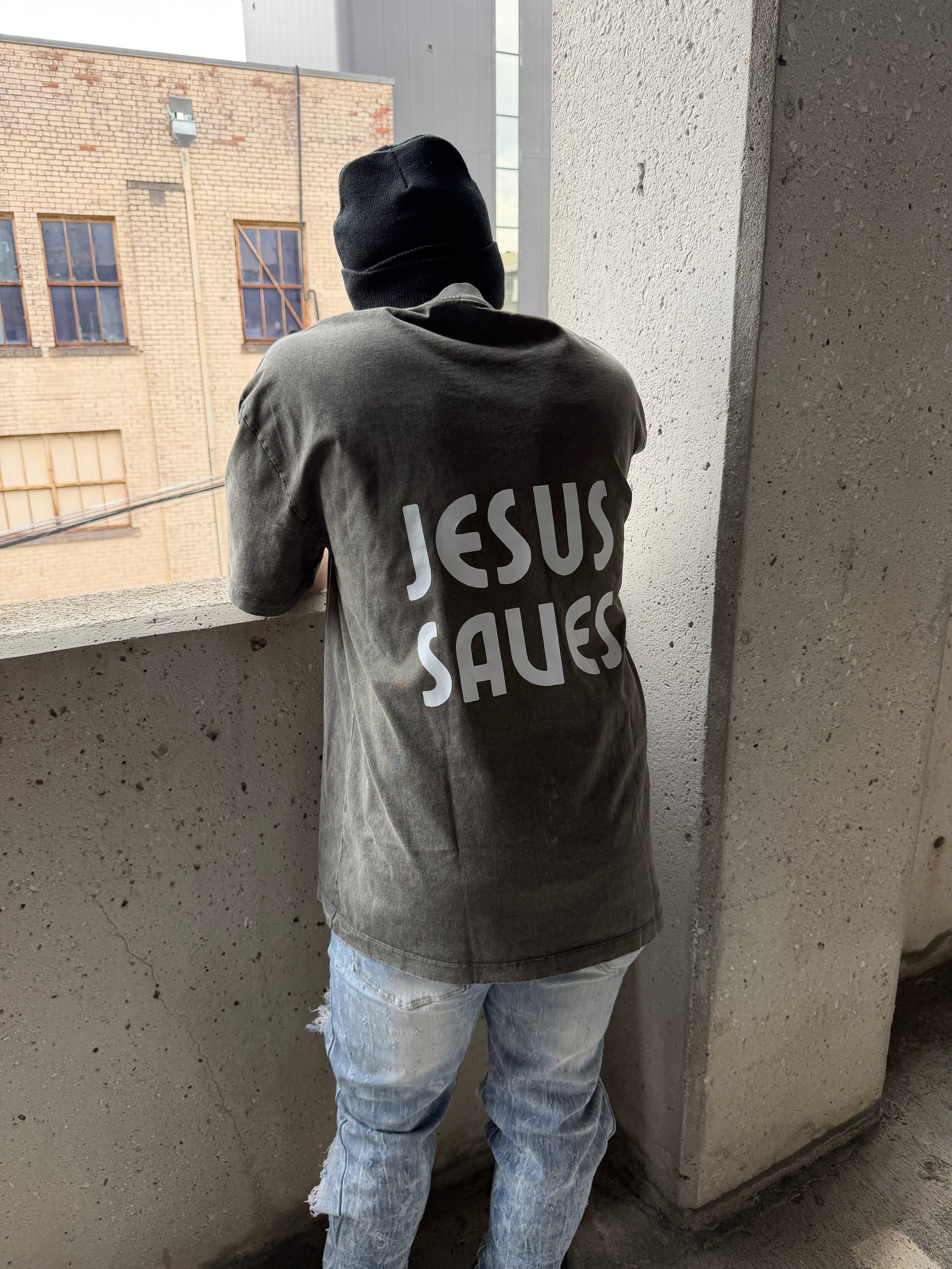JESUS SAVES Acid Wash oversized Tee